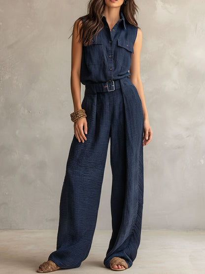 Midnight Navy Sleeveless Utility Jumpsuit with Belt