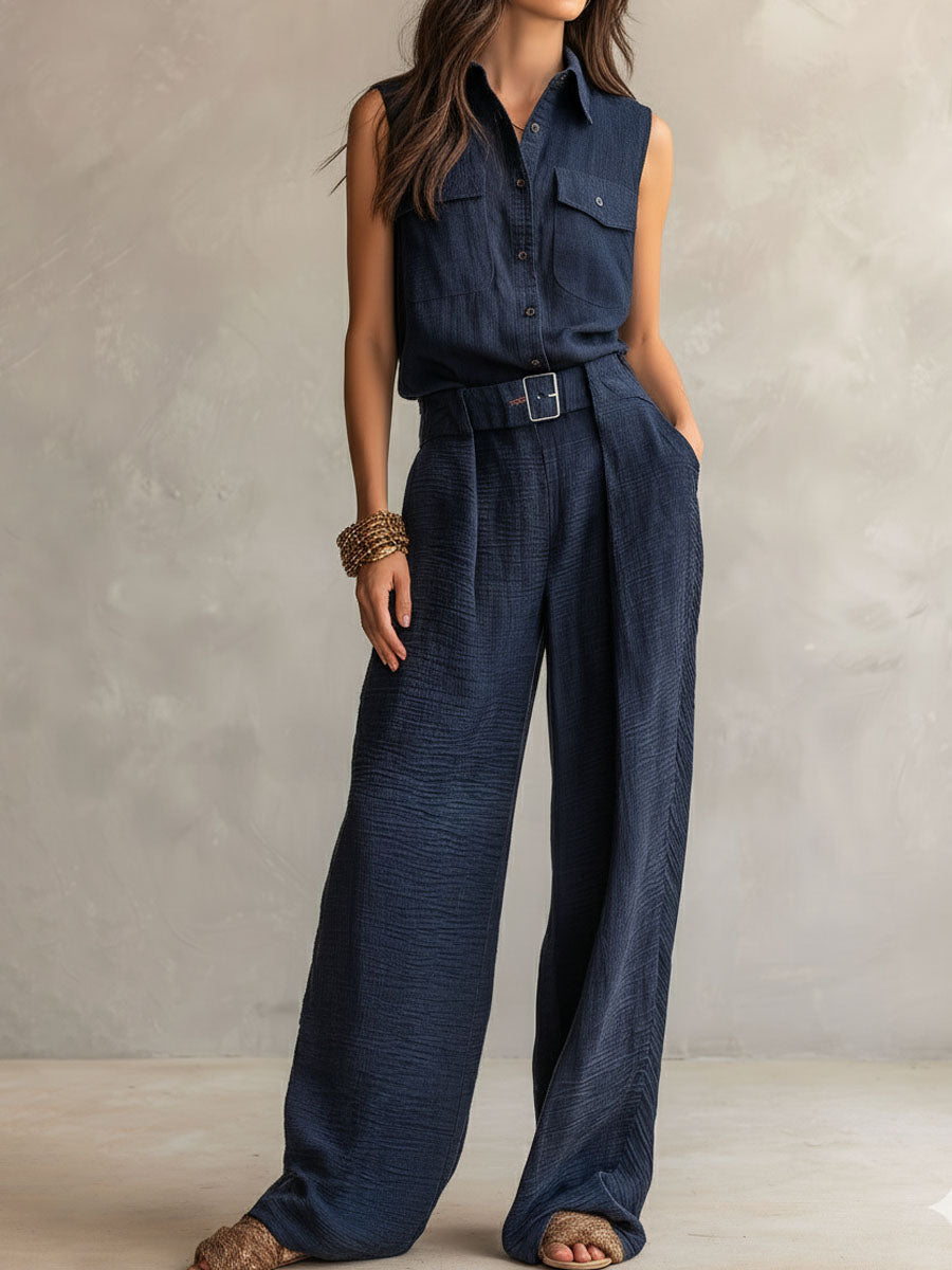 Midnight Navy Sleeveless Utility Jumpsuit with Belt