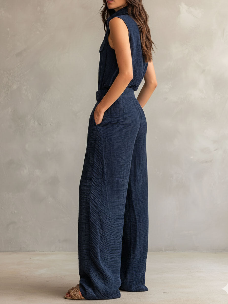 Midnight Navy Sleeveless Utility Jumpsuit with Belt