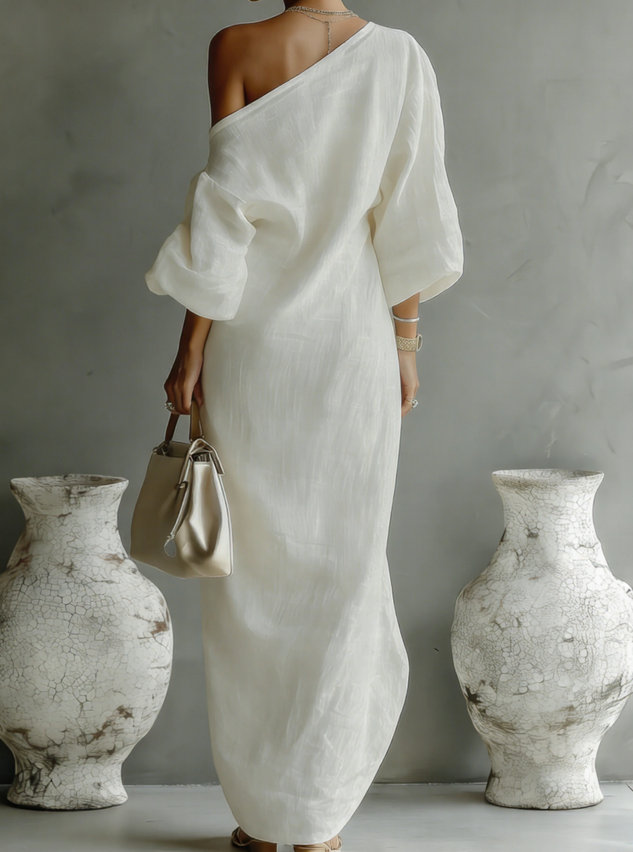 Elsbeth | Ivory One Shoulder Cotton Linen Maxi Dress