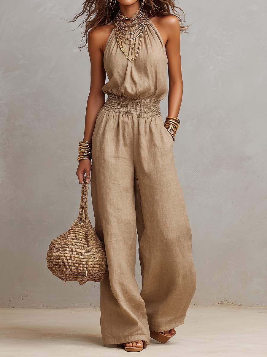 Tan Cotton-Linen Halter Wide-Leg Jumpsuit