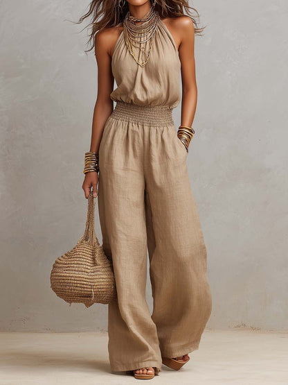 Tan Cotton-Linen Halter Wide-Leg Jumpsuit
