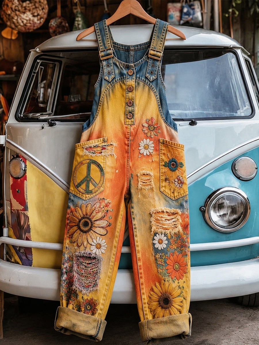Women's Retro Style Art Print Washed Cotton Denim Patchwork Jumpsuit