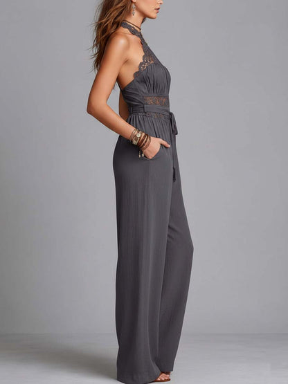 Charcoal Gray Lace Wide-Leg Jumpsuit