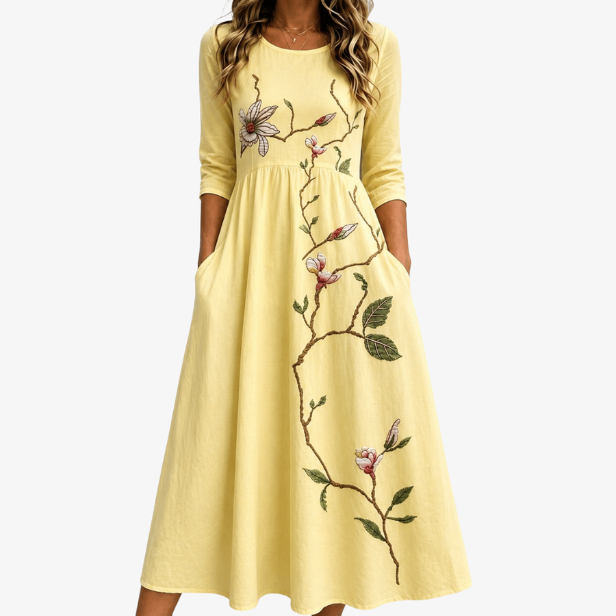 Pocket Golden Blossom Midi Dress - women's midi dress
