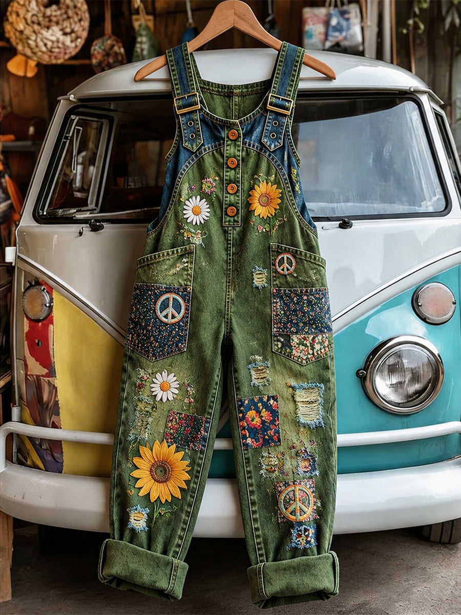 Women's Retro Style Art Print Washed Cotton Denim Patchwork Jumpsuit