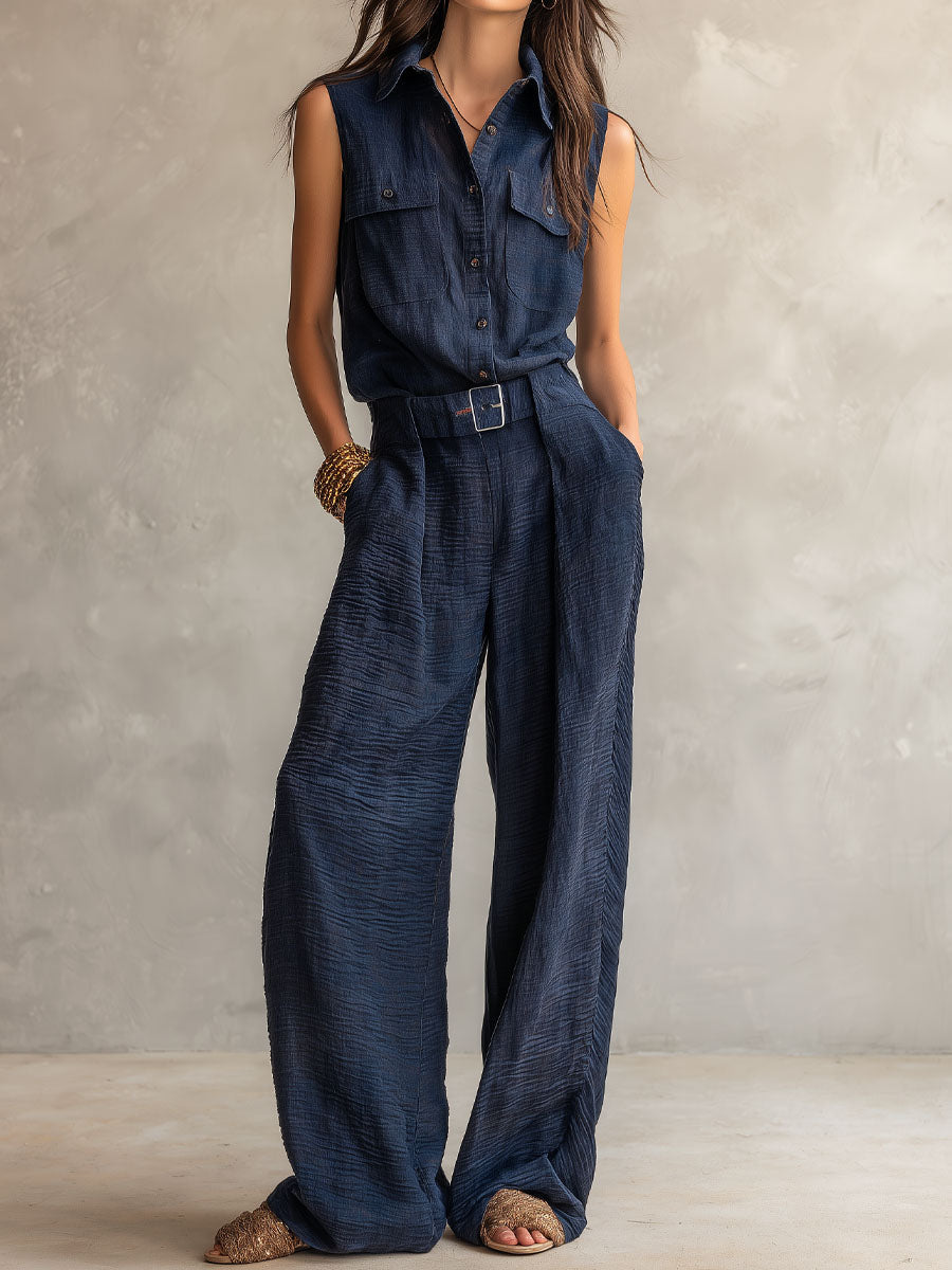 Midnight Navy Sleeveless Utility Jumpsuit with Belt