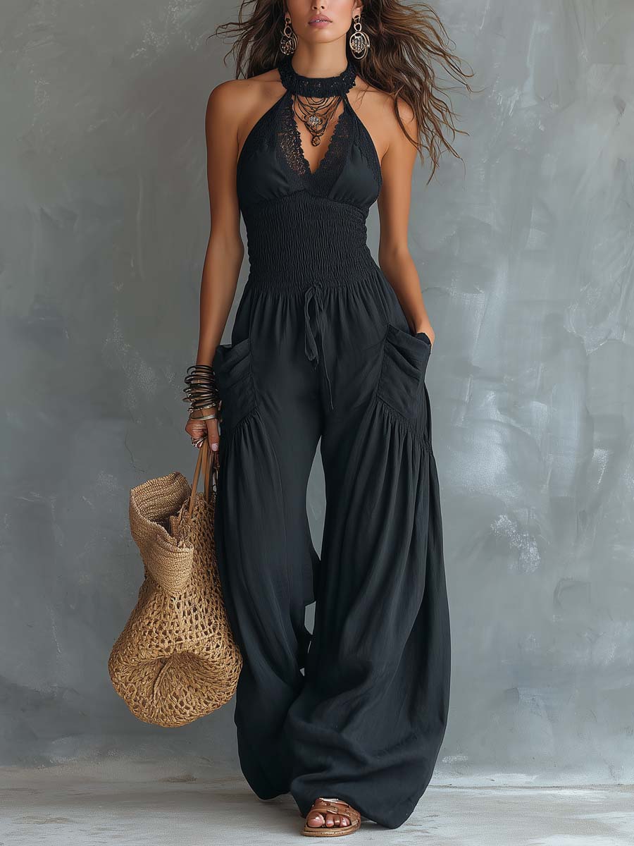 Liza | Retro Lace Halter-Neck Jumpsuit With Pockets