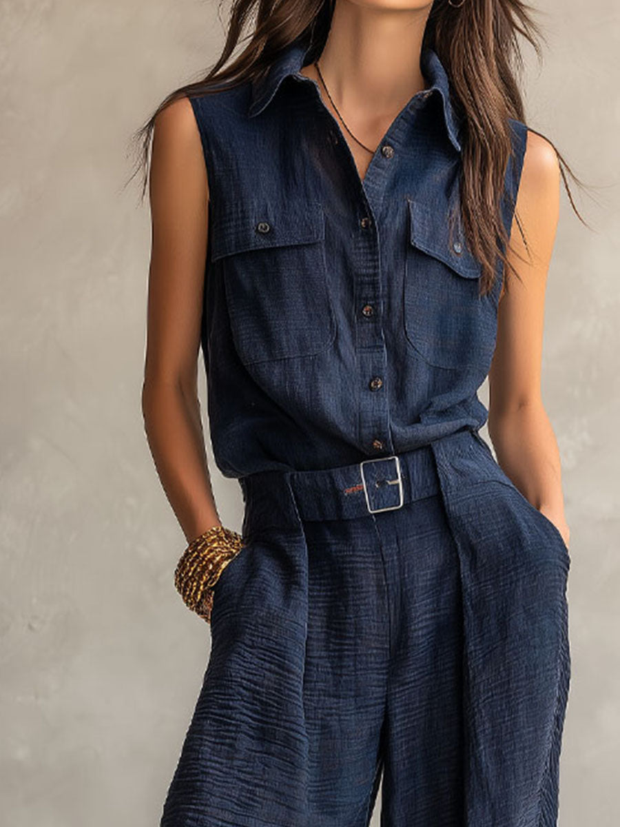 Midnight Navy Sleeveless Utility Jumpsuit with Belt