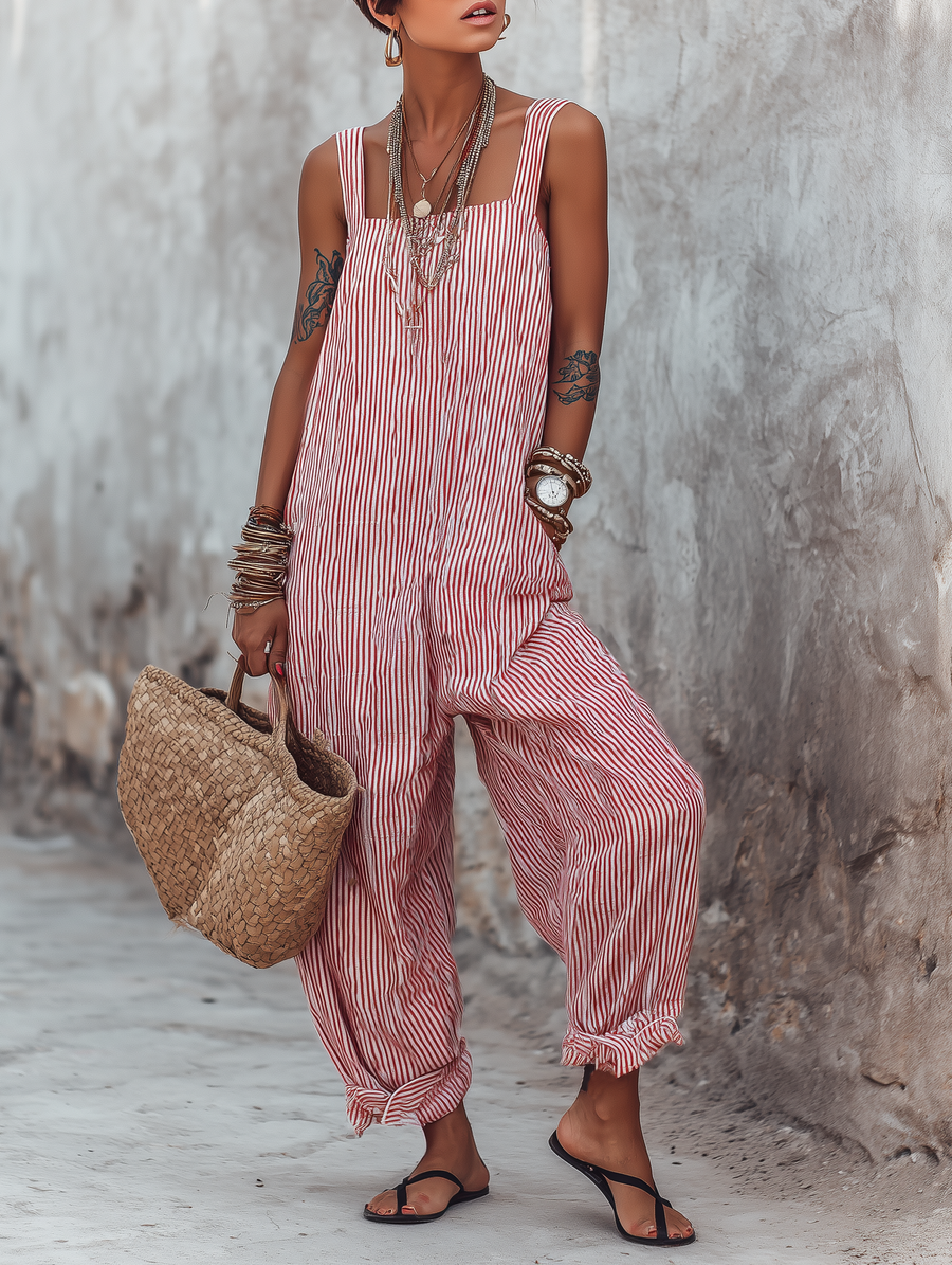 Striped Square-Neck Sleeveless Jumpsuit