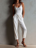 White Ribbed Boho Jumpsuit with Adjustable Waist