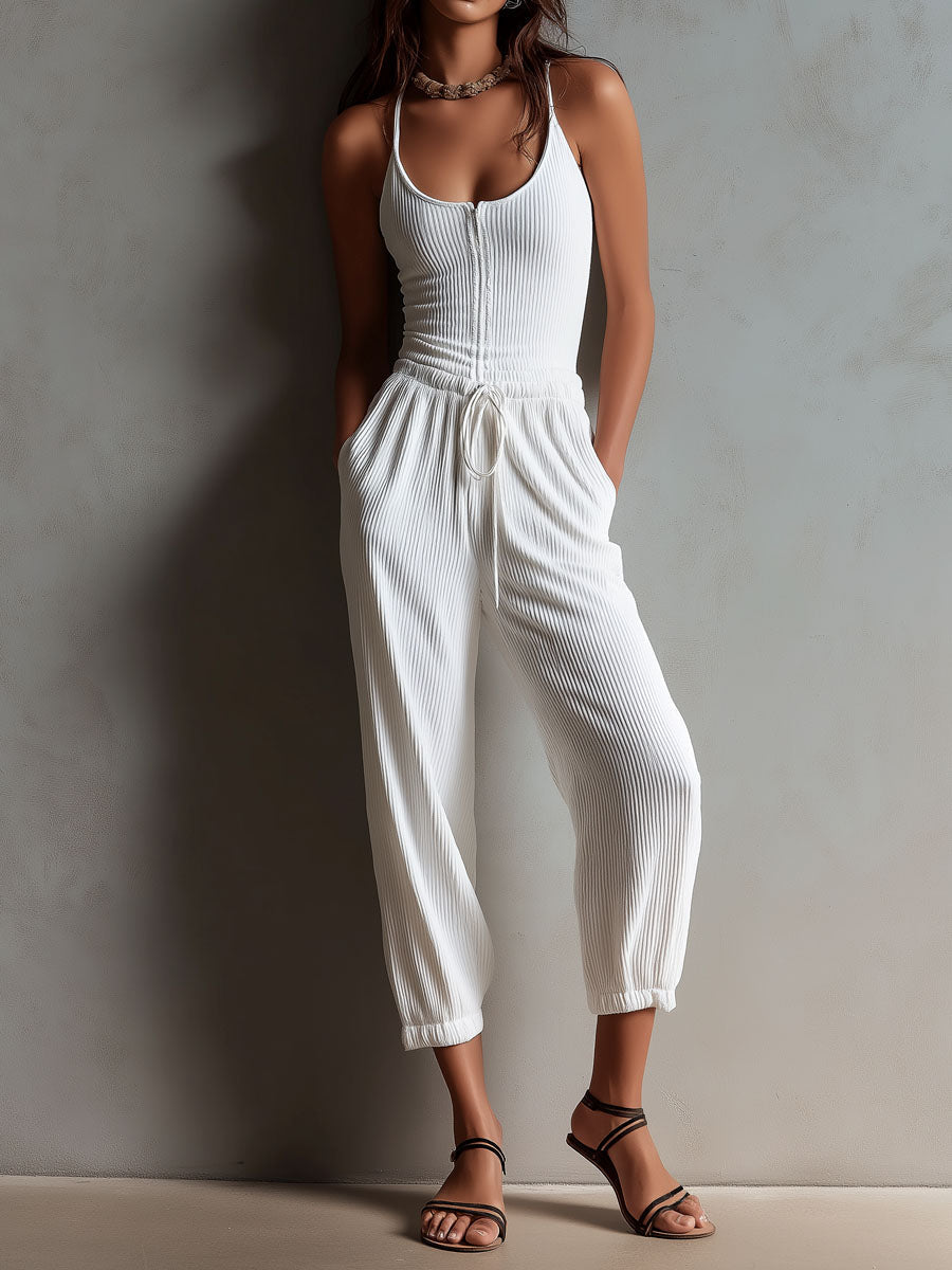 White Ribbed Boho Jumpsuit with Adjustable Waist