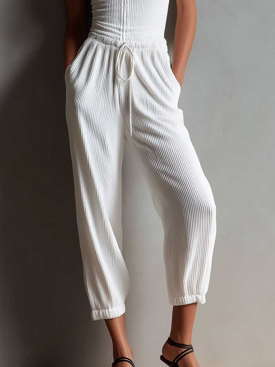 White Ribbed Boho Jumpsuit with Adjustable Waist