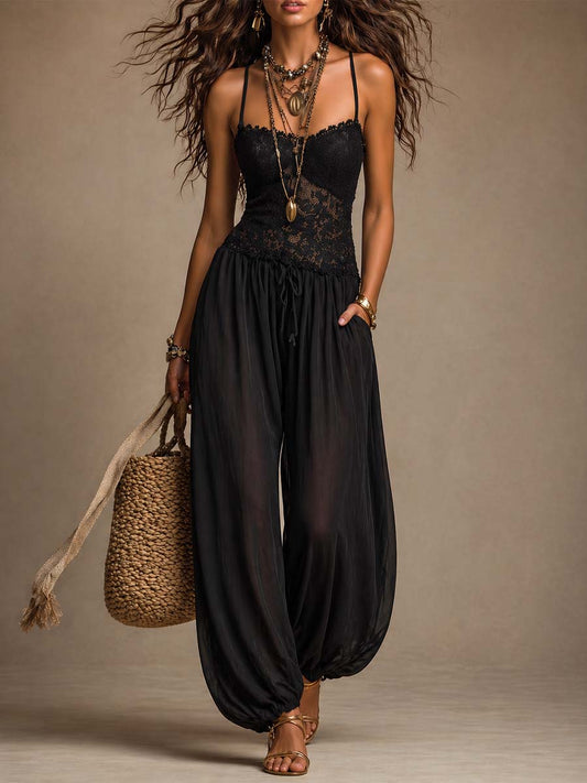 Black Lace Halter Harem Jumpsuit