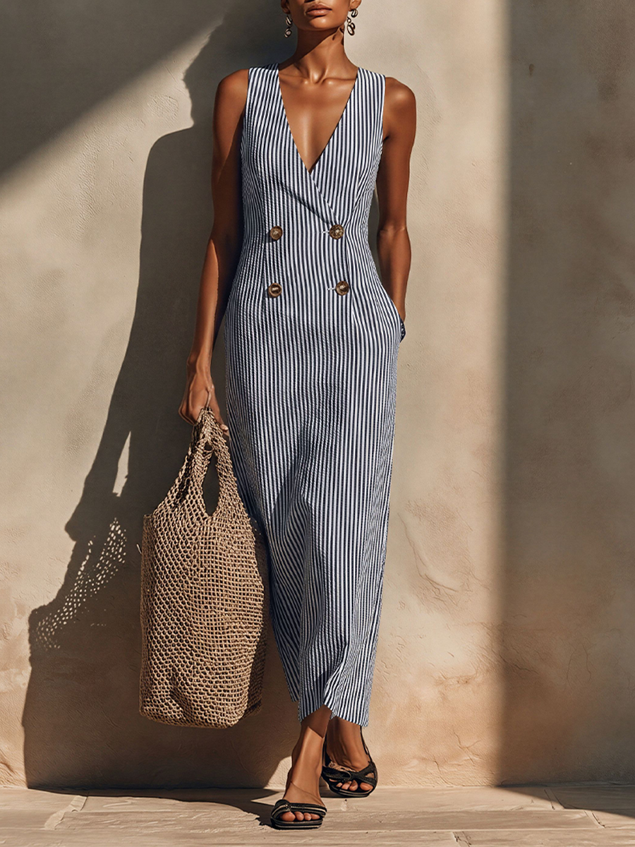 Ingrid | Blue and White Striped Maxi Dress