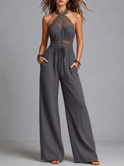 Charcoal Gray Lace Wide-Leg Jumpsuit