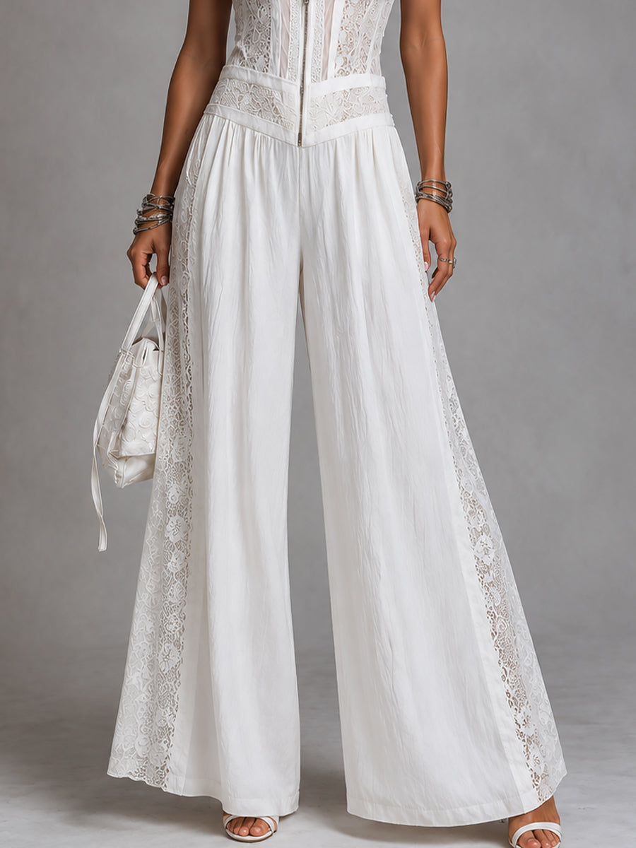 Retro High-Neck Wide-Leg Lace Jumpsuit