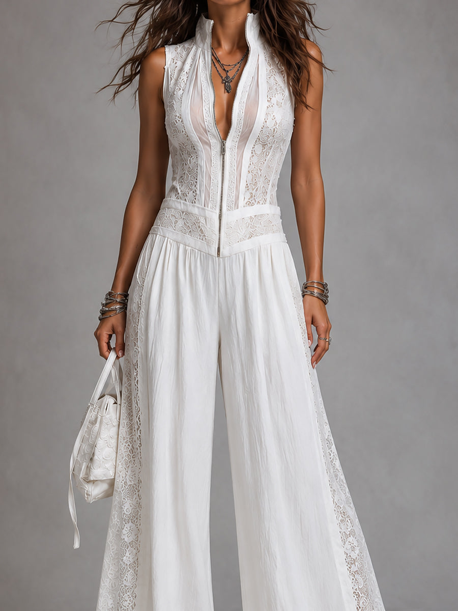 Retro High-Neck Wide-Leg Lace Jumpsuit
