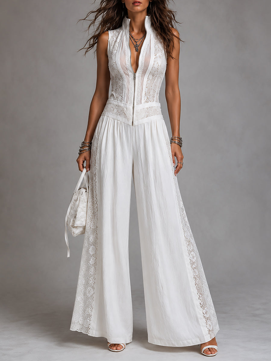Retro High-Neck Wide-Leg Lace Jumpsuit
