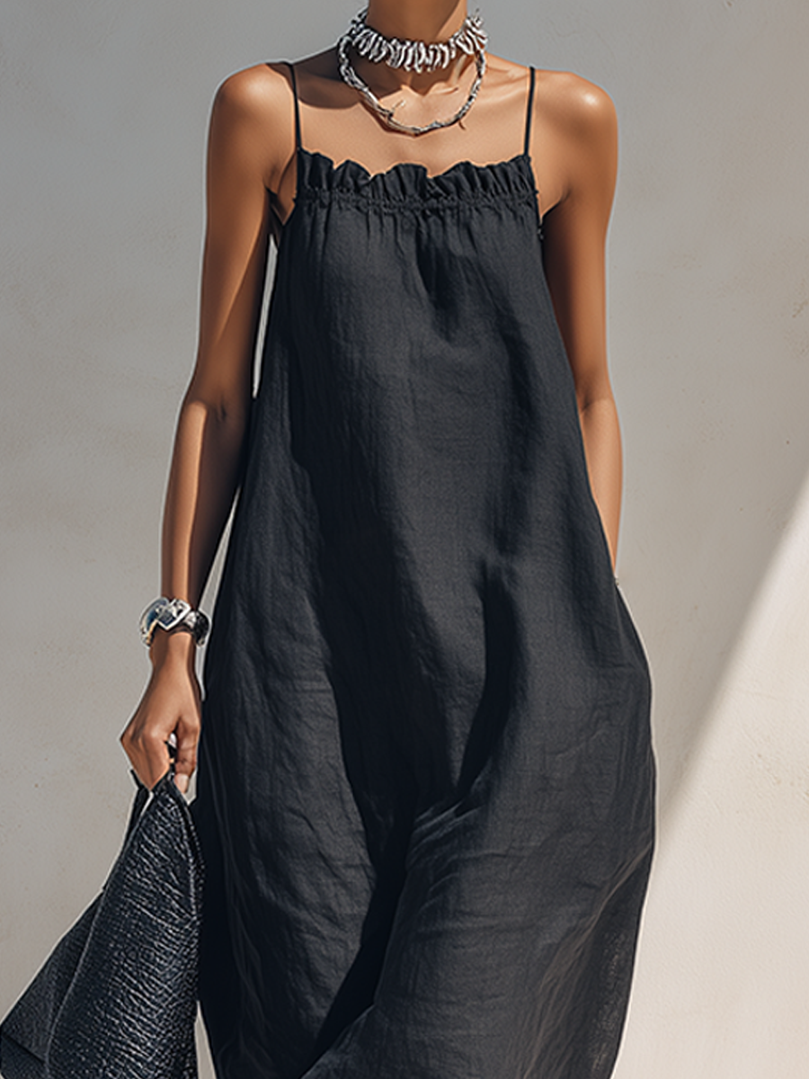 Greta | Maxi Black Dress with Gathered Neckline and Thin Straps