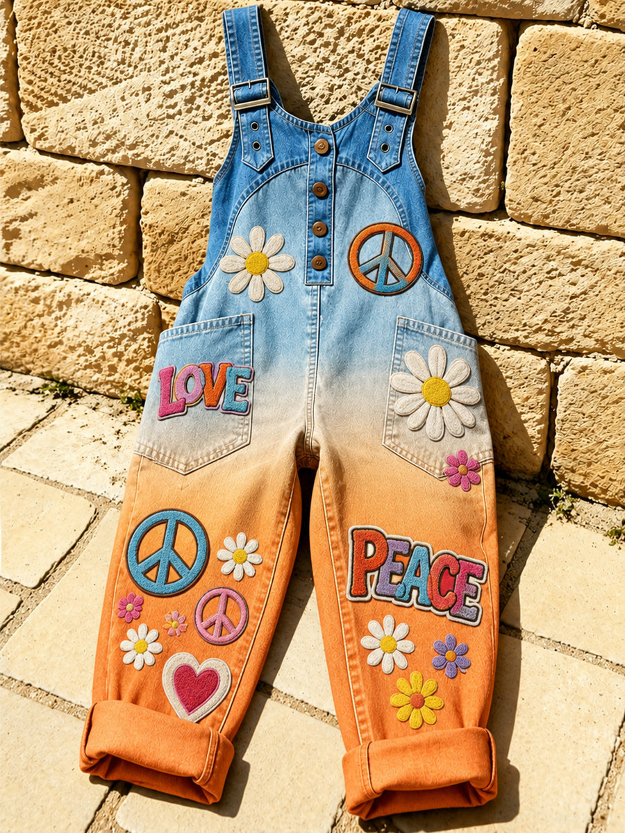 Women's Retro Style Print Washed Cotton Denim Patchwork Jumpsuit