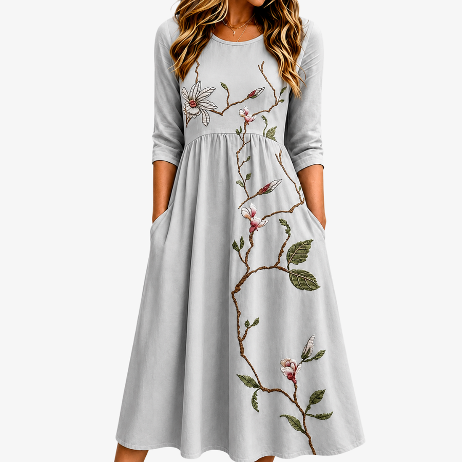 Pocket Silver Meadow Blossom Midi Dress - women's midi dress