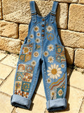 Women's Retro Style Print Washed Cotton Denim Patchwork Jumpsuit