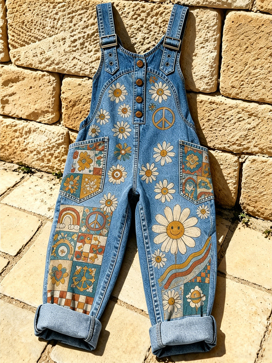 Women's Retro Style Print Washed Cotton Denim Patchwork Jumpsuit
