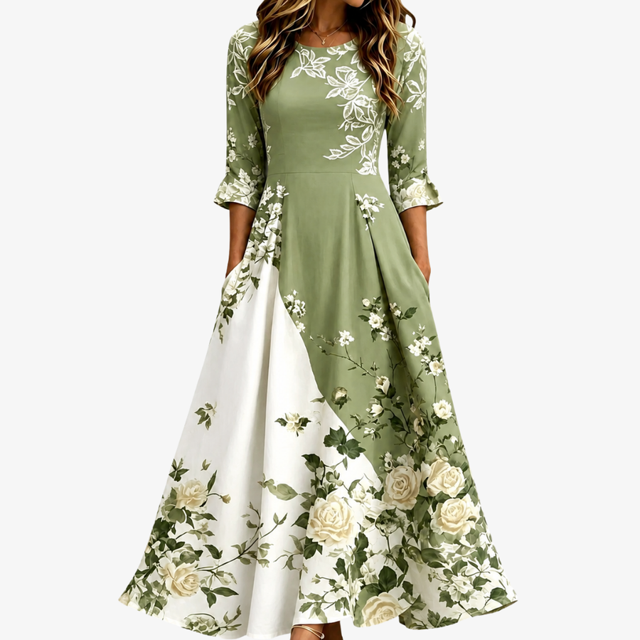 Maxi Pocket Sage Garden Rose Midi Dress - women's midi dress