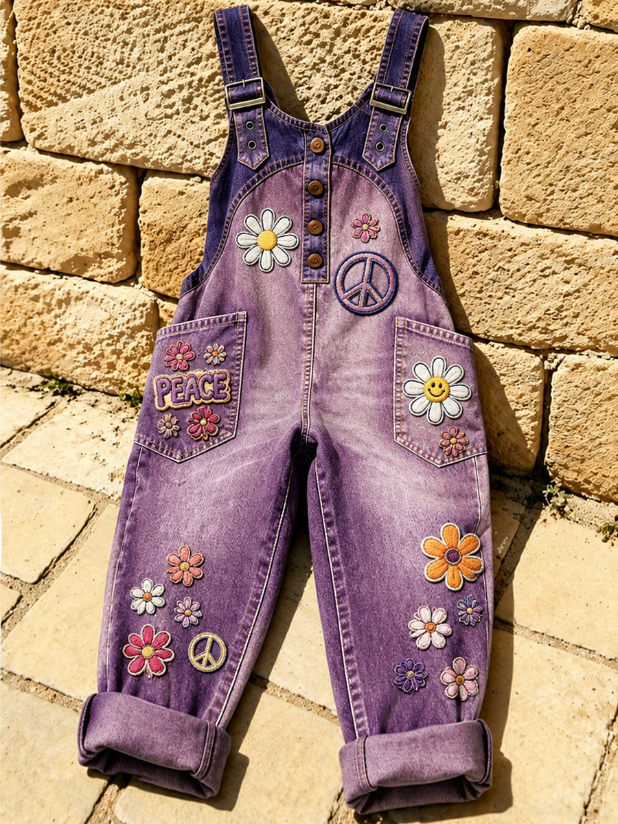 Women's Retro Style Print Washed Cotton Denim Patchwork Jumpsuit