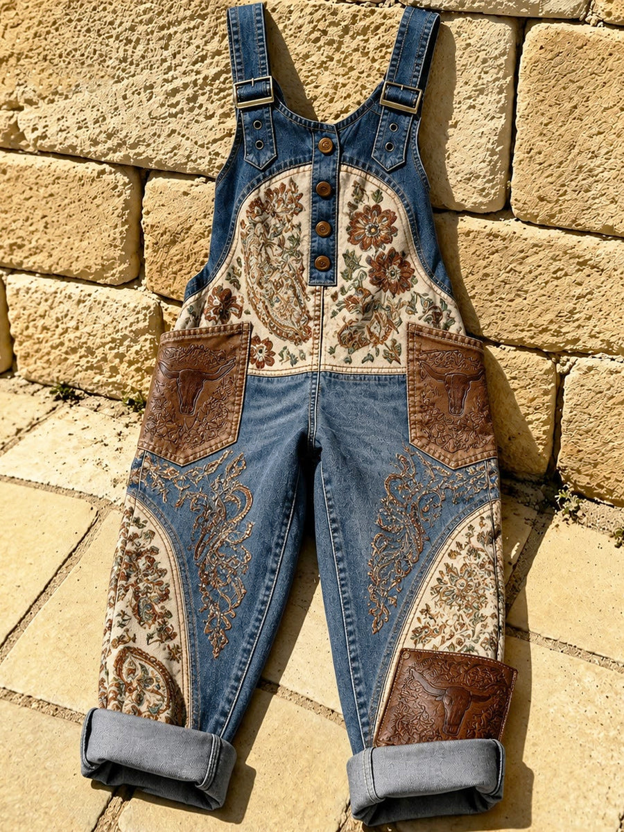 Women's Retro Art Print Denim Patchwork Jumpsuit