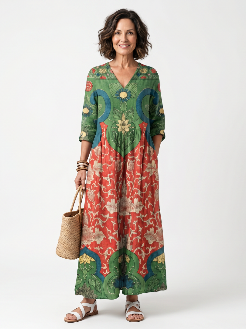 Sloane | Robe Midi à Col V Imprimé Mixte avec Poches