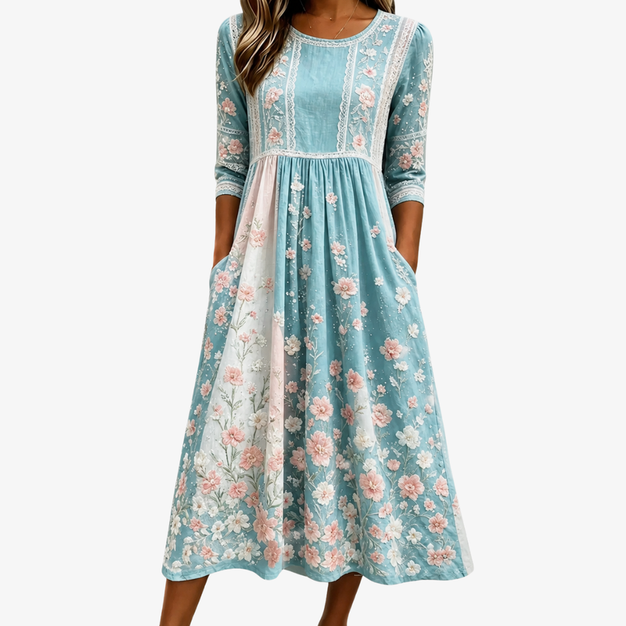 Patchwork Spring Blossom Midi Dress - women's midi dress