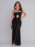 Zephyra | Halter-Neck Crochet Fringe Detail Maxi Dress