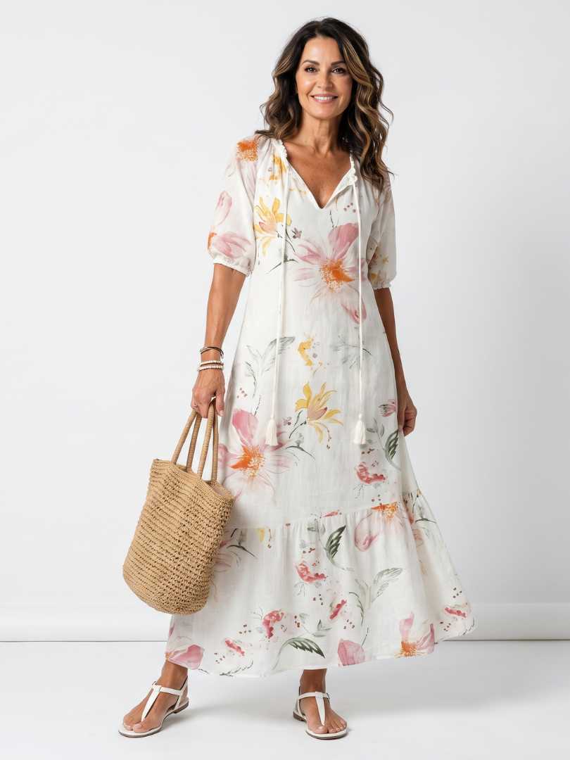 Noa | Robe Midi à Étages et Pompons Imprimé Floral Doux