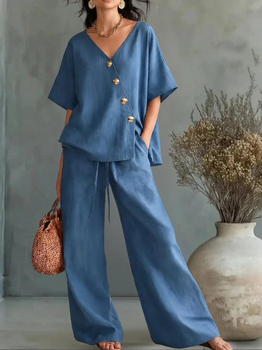 Greta | V-Neck Button Shirt Set