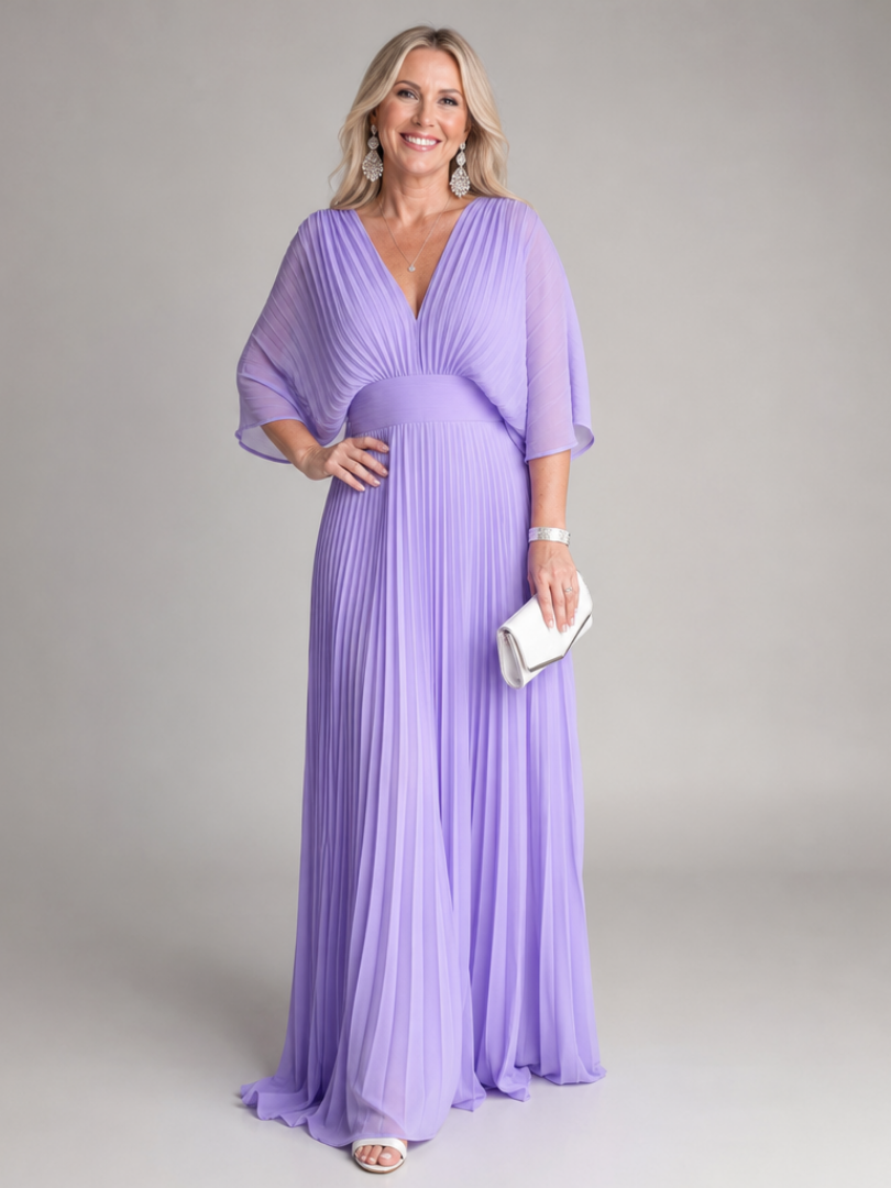 Semorph | V Neck Long Sleeve Pleated Maxi Dress