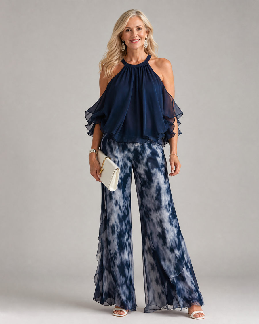 Xylara | Layered Halter Neck Printed Wide Leg Jumpsuit