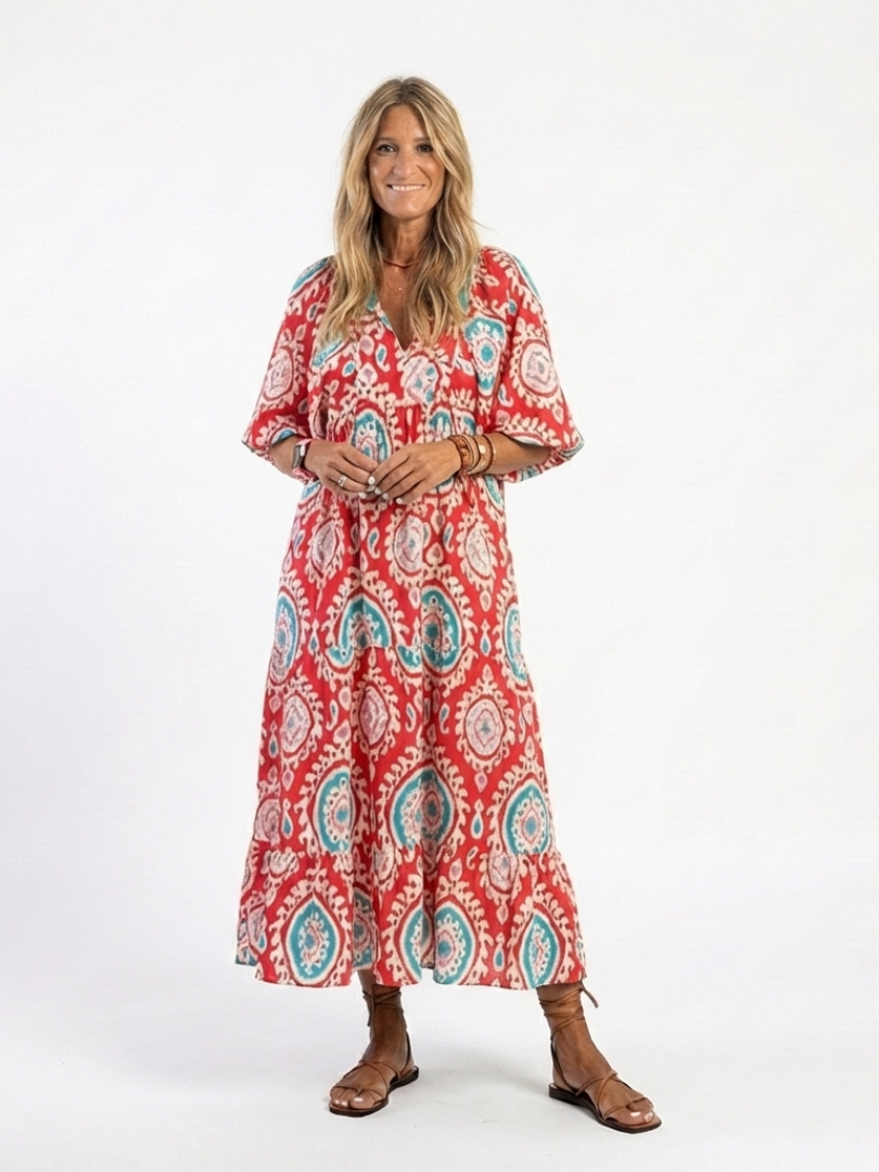 Zaria | Robe Midi à Manches Courtes Col V Imprimé Cachemire