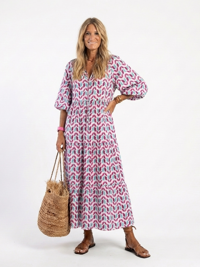 Mireya | Robe Midi à Étages Manches Longues Imprimé Géométrique