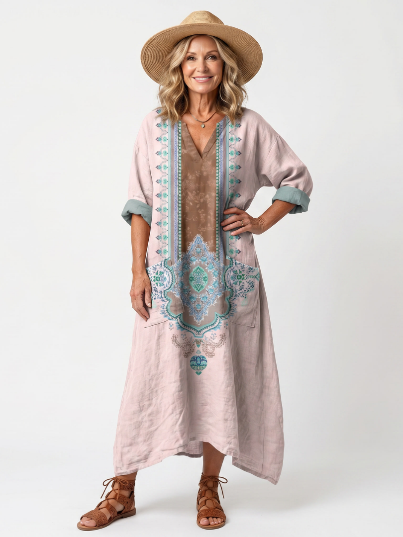 Kenza | Robe Midi Décontractée à Empiècement Brodé avec Poches