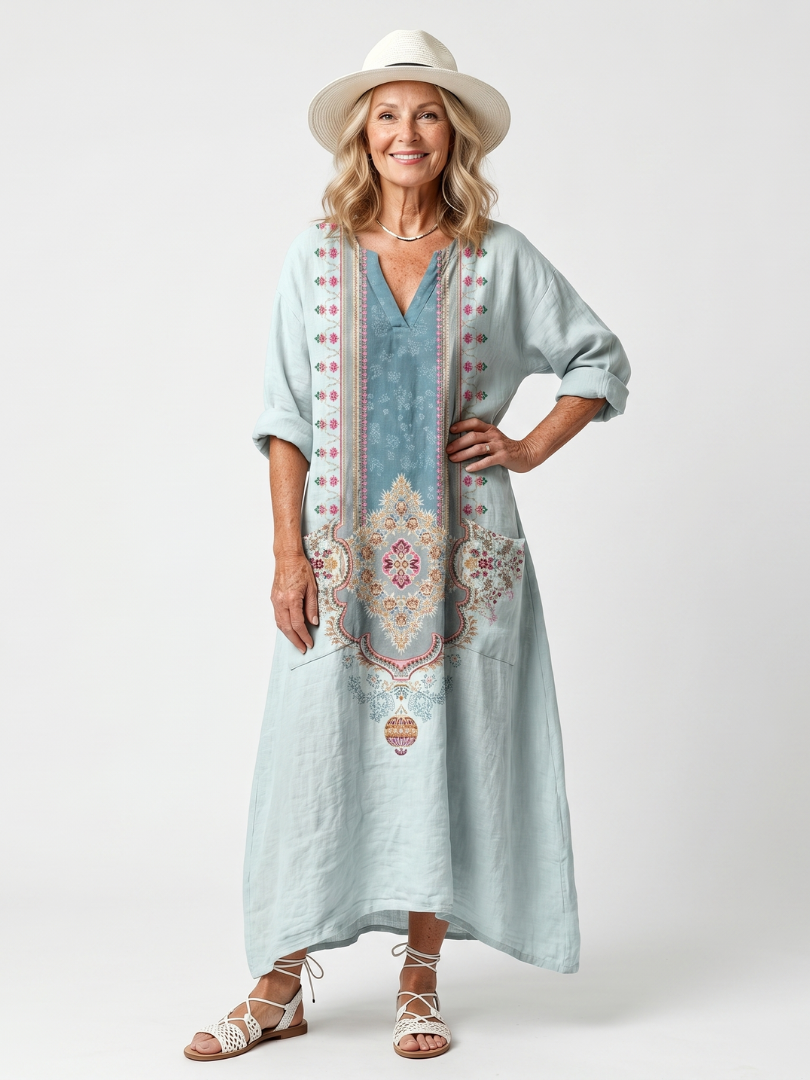 Kassiani | Robe Midi Oversize à Empiècement Brodé Ornemental avec Poches