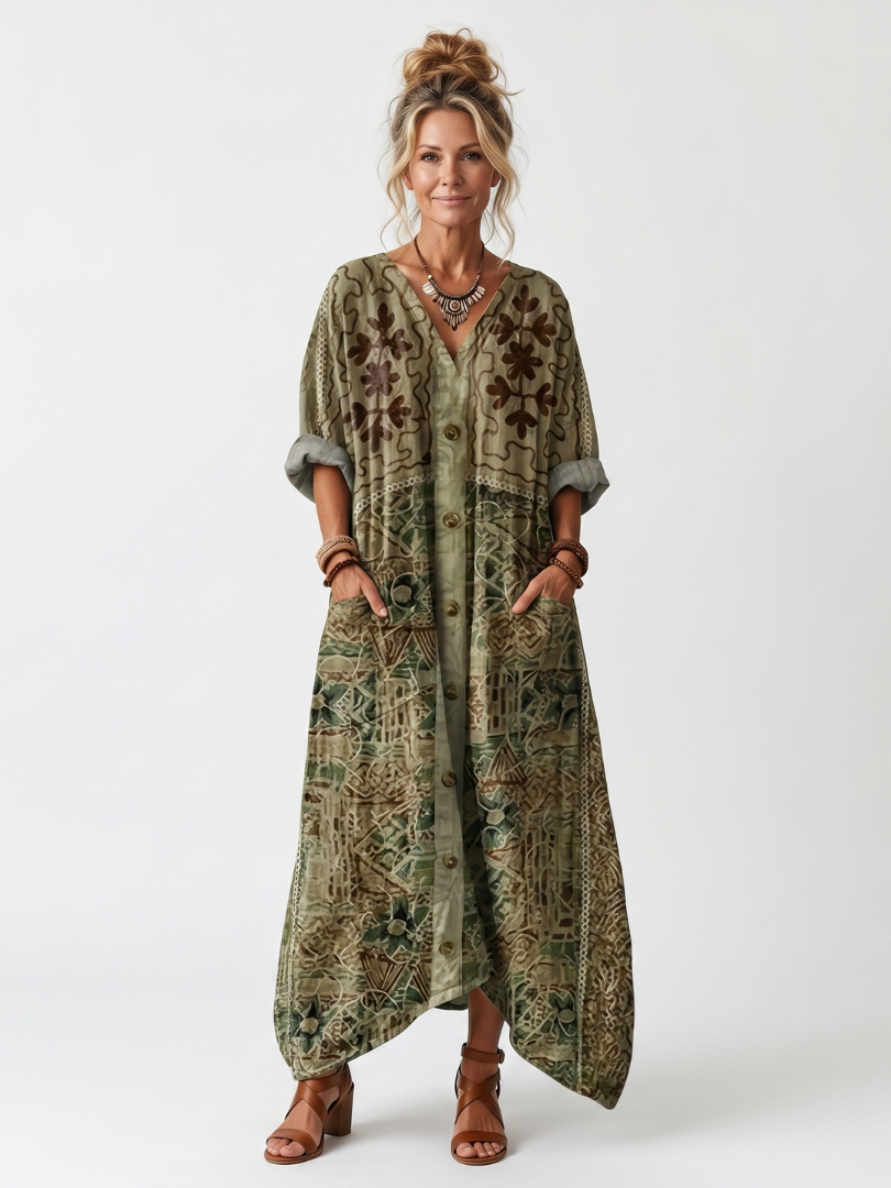 Aleta | Robe Midi Oversize Boutonnée Brodée avec Poches