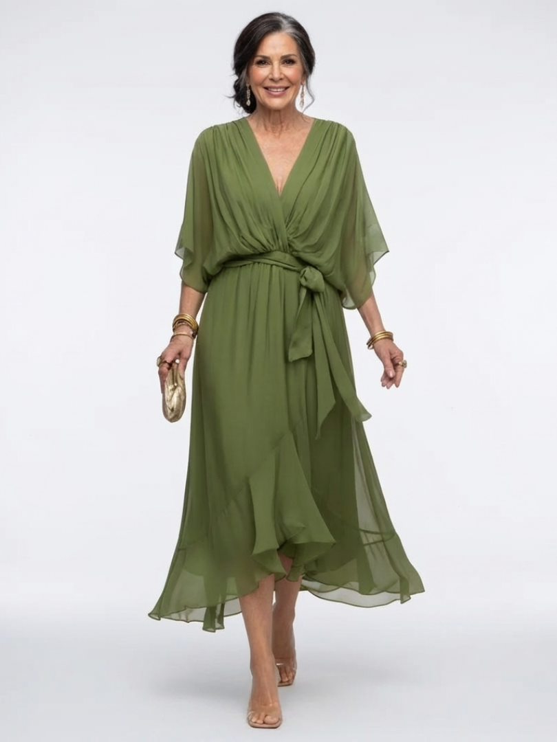 Elysia | Draped V-Neck Tie-Waist Midi Dress - women's dress
