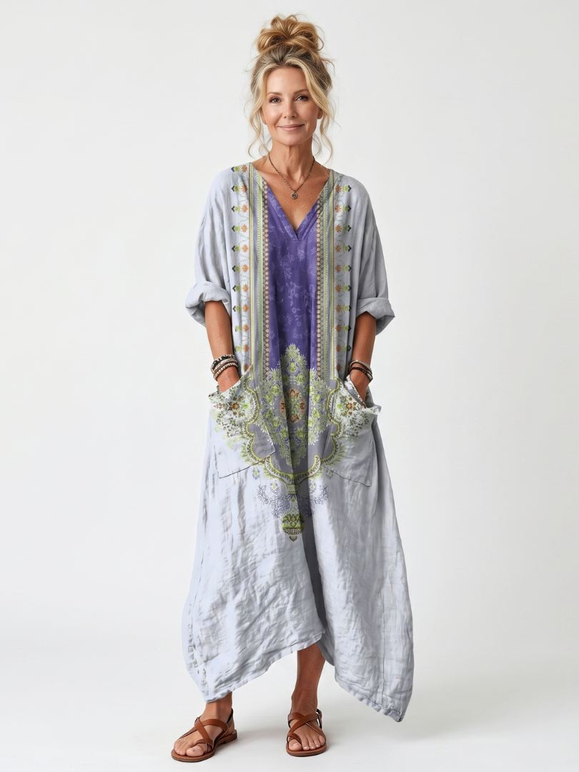 Raina | Robe Midi Oversize à Empiècement Contrastant Brodé avec Poches