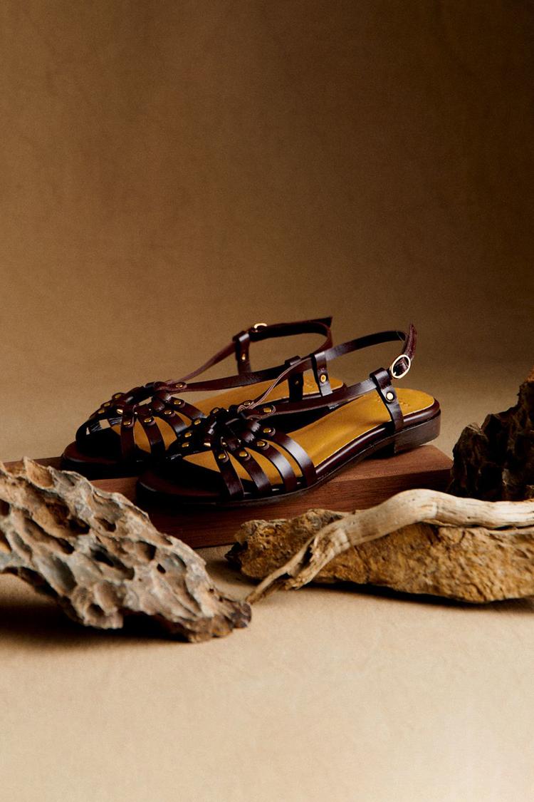 Dark Brown Cutout Studded Sandals