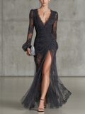 Quintina | Long Black Dress with Deep V-neck and Dramatic Slit