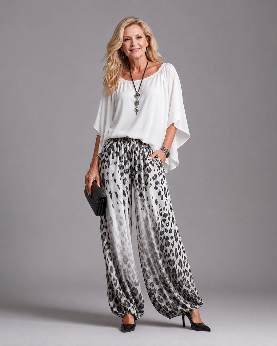 Zephyrel | Flowing Chiffon Top And Printed Wide Leg Pants Set
