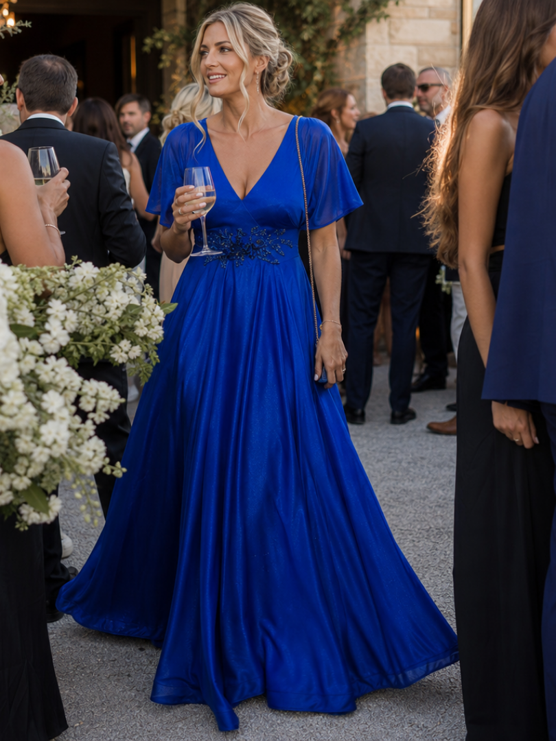 Orelia | Short Sleeve V Neck Flowing Maxi Dress