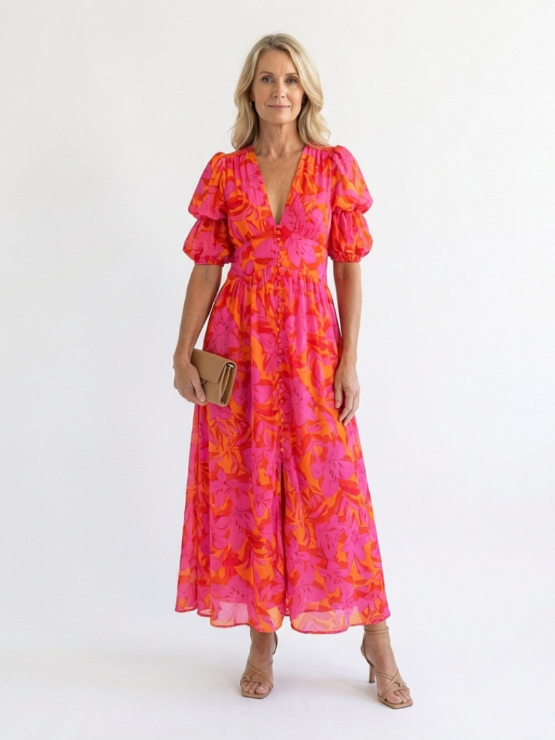 Willow | Floral V-Neck Puff-Sleeve Midi Dress - women's dress